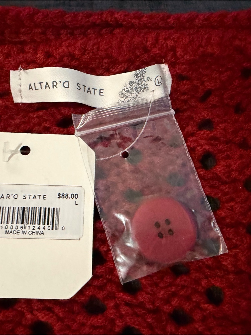 Altar'd State Red Open-Knit Cardigan with White Ribbon Trim - Picture 4 of 5
